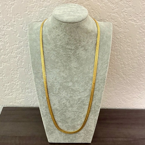 Gold Tone Long Herringbone Chain Necklace - Picture 1 of 4